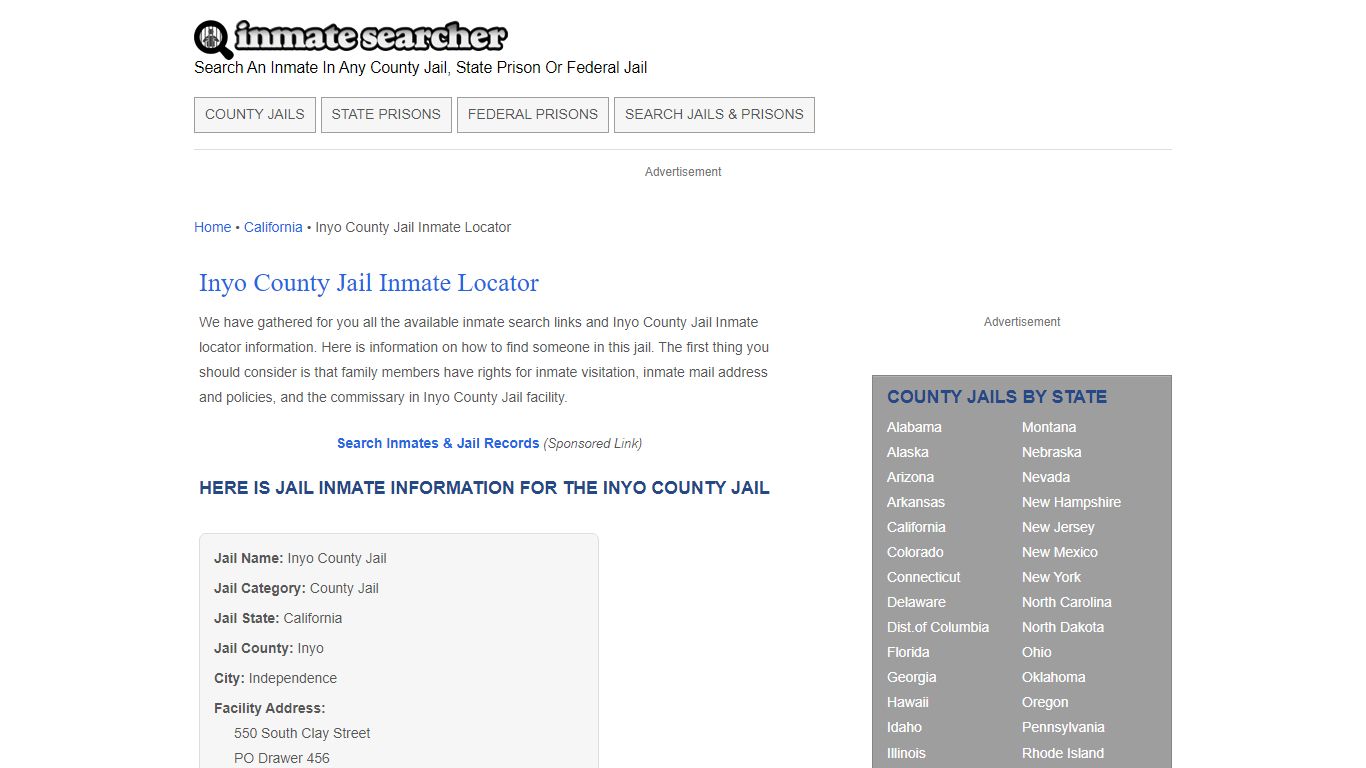 Inyo County Jail Inmate Locator - Inmate Searcher